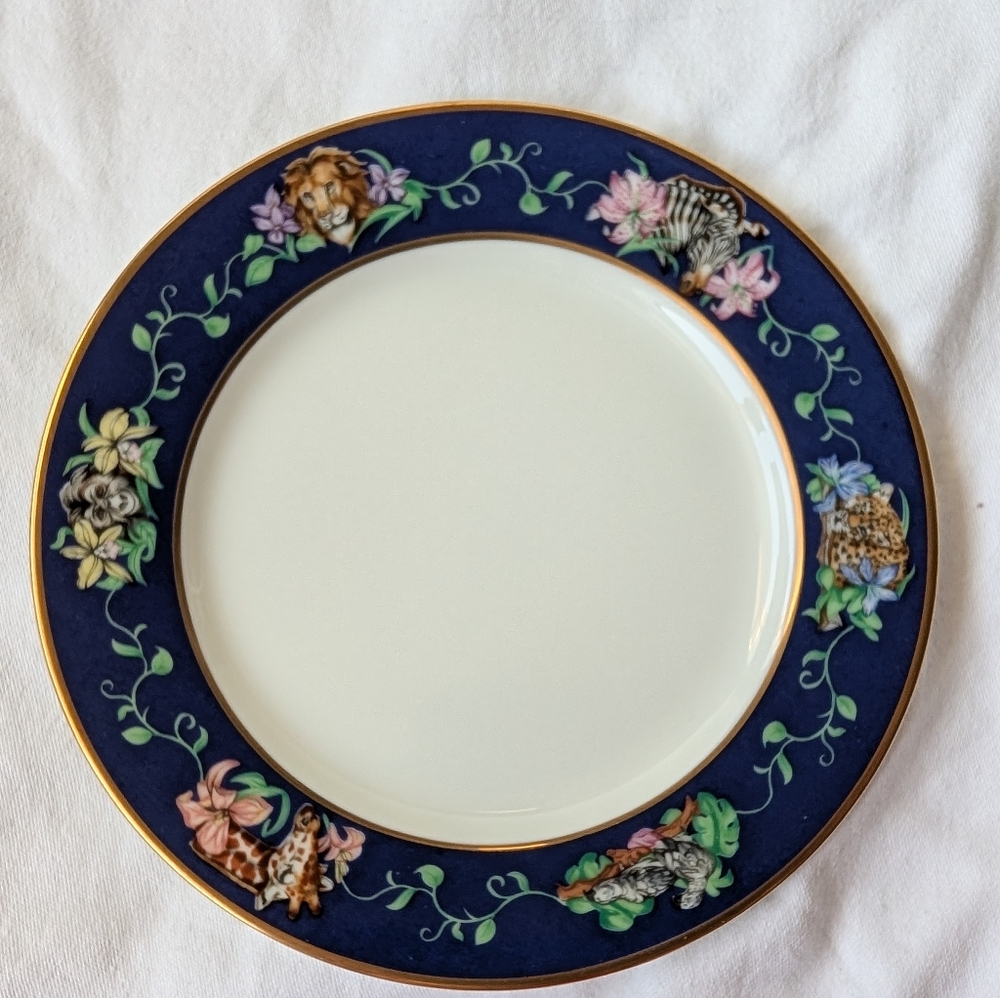 Franciscan Rafiki Blue Floral Animals Gold 4 Place Setting Pieces Discontinued - Picture 8 of 16